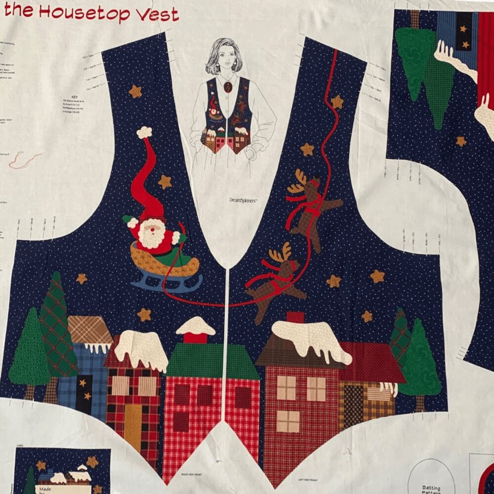 Vintage 90s Dream Spinners Up On The Housetop Santa Vest Fabric Panel Blue Red